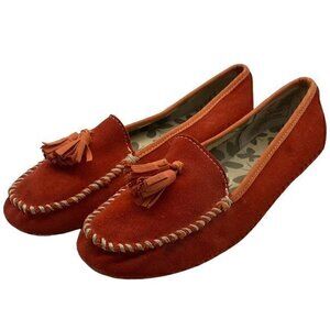 Lands' End Women Driving Shoes Moccasins Loafers Orange Suede Tassels Size 9.5M